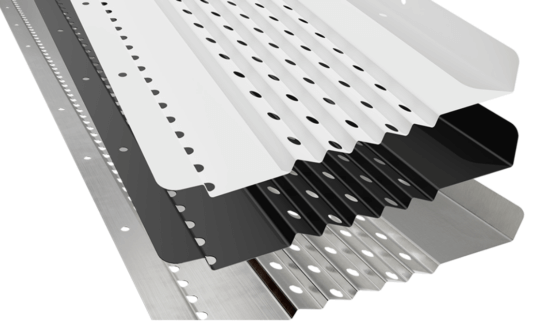 A stack of perforated metal sheets in silver, white, and black, featuring evenly spaced round holes and corrugated, folded edges. Enhanced with V-Bend Technology for added strength; proudly made in USA.